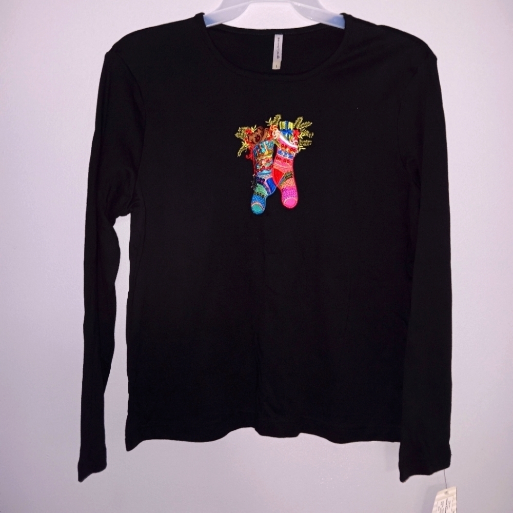 White stag women's top black size L long sleeve Christmas stocking
